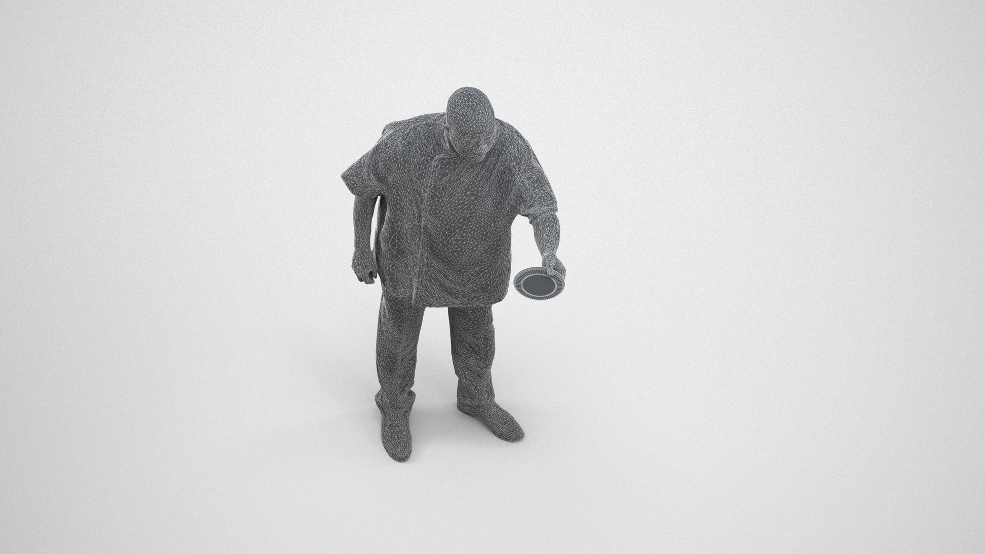 scanned 3D man hospitality, photogrammetry people for Enscape and V-Ray, wireframe three-quarter view