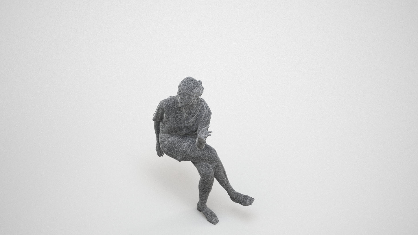 photogrammetry 3D woman casual sitting, realistic human model archviz FBX, wireframe three-quarter view