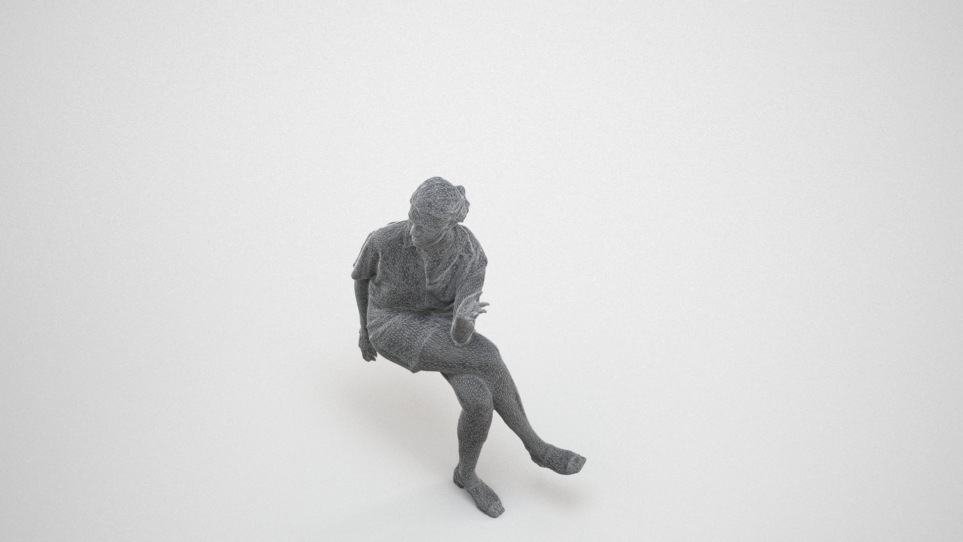 photogrammetry 3D woman casual sitting, realistic human model archviz FBX, wireframe three-quarter view