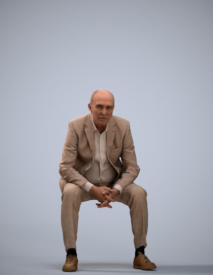 3D human model senior man business sitting, photogrammetry scanned person for archviz