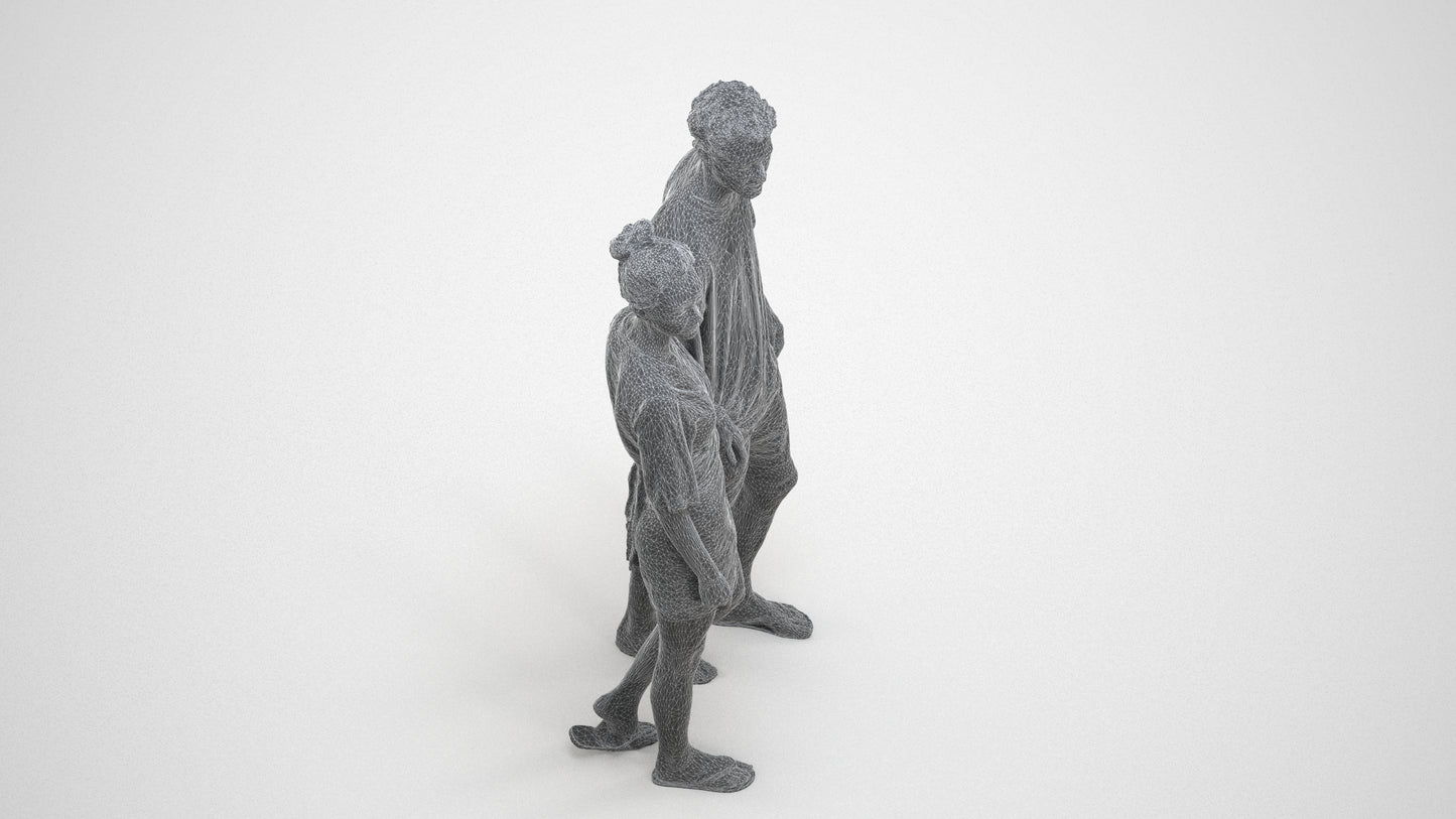 realistic 3D human woman casual couple, archviz people FBX OBJ for Blender, wireframe three-quarter view