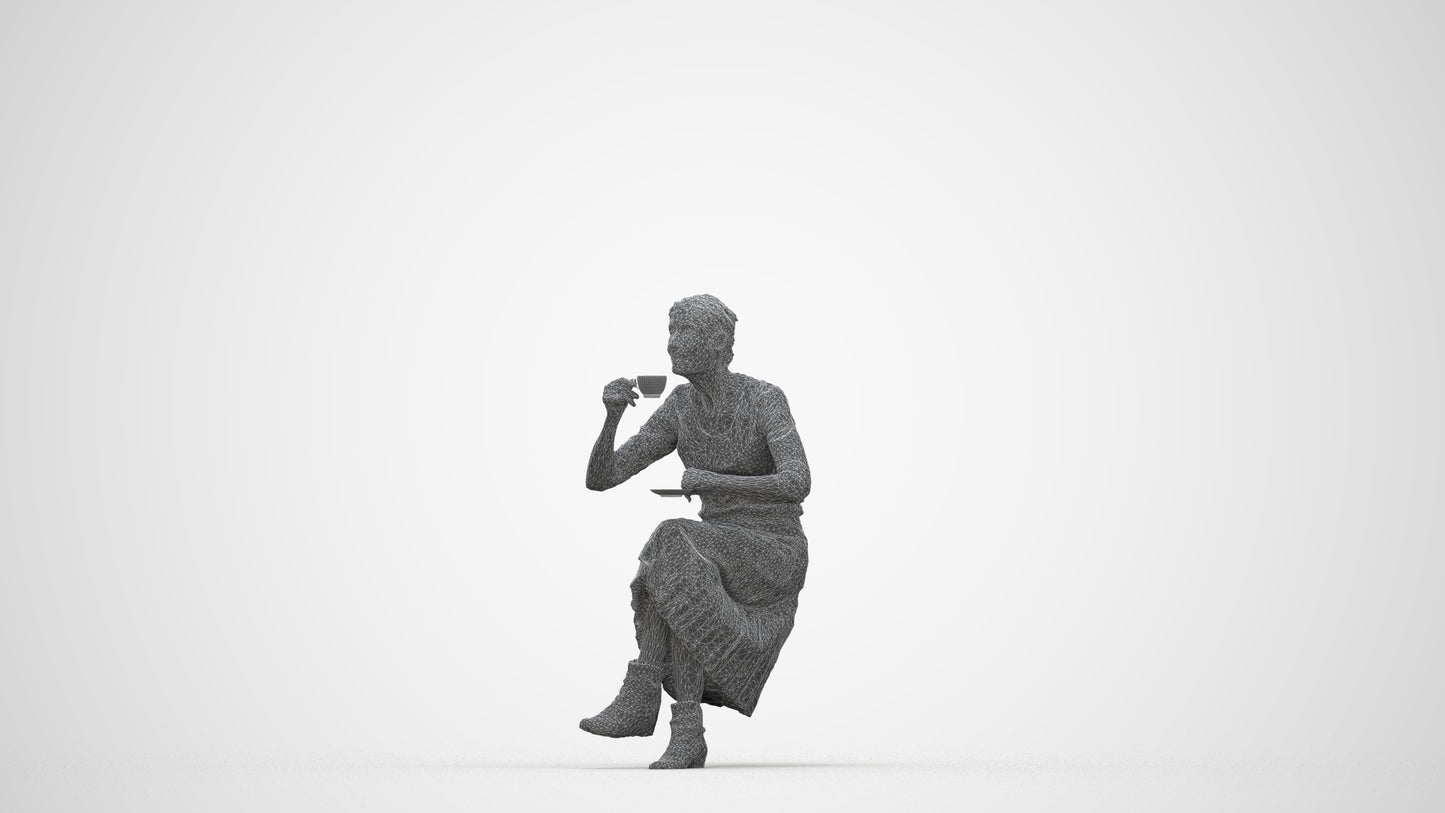 realistic 3D people senior woman casual sitting, render-ready for V-Ray and Corona, FBX OBJ, wireframe back view