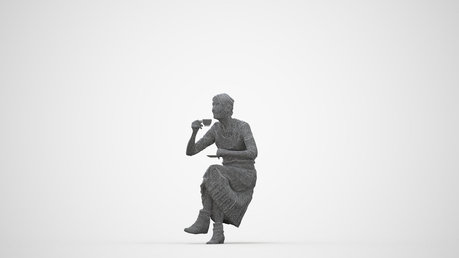 realistic 3D people senior woman casual sitting, render-ready for V-Ray and Corona, FBX OBJ, wireframe back view