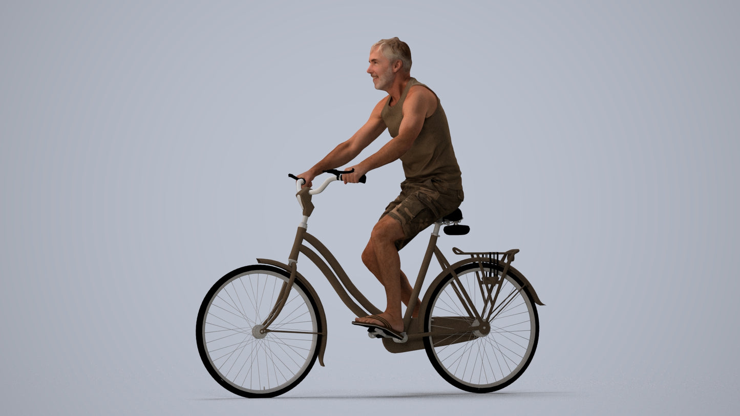 scanned 3D man casual cycling, photogrammetry people for Enscape and V-Ray, three-quarter view render