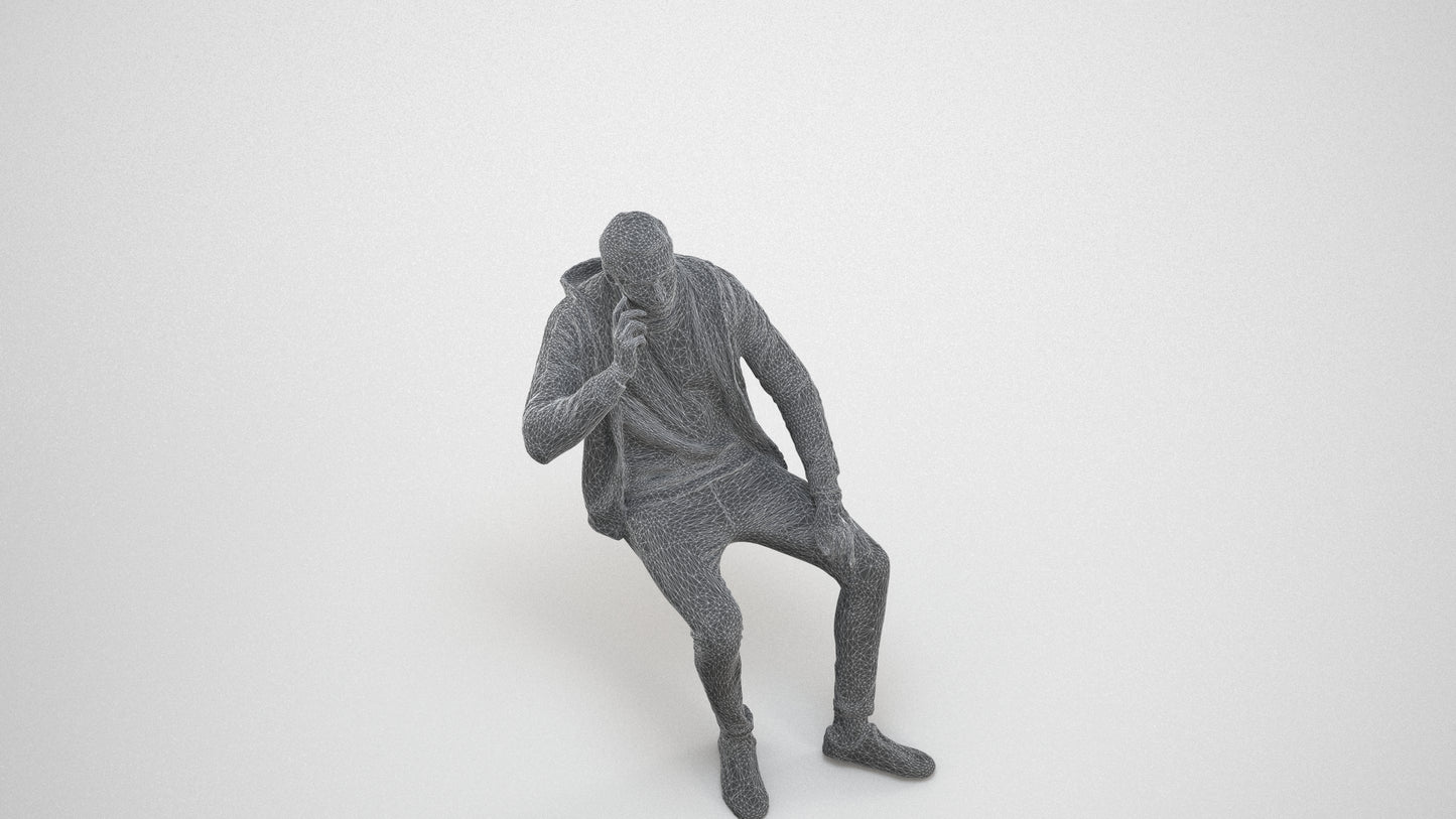 realistic 3D human man casual sitting, archviz people FBX OBJ for Blender, wireframe three-quarter view
