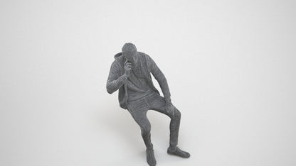 realistic 3D human man casual sitting, archviz people FBX OBJ for Blender, wireframe three-quarter view