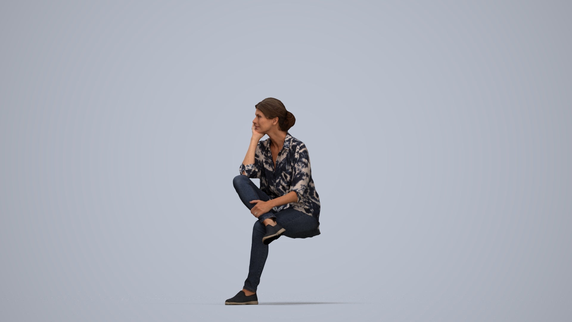 scanned 3D woman casual sitting, photogrammetry people for Enscape and V-Ray, top-down view render
