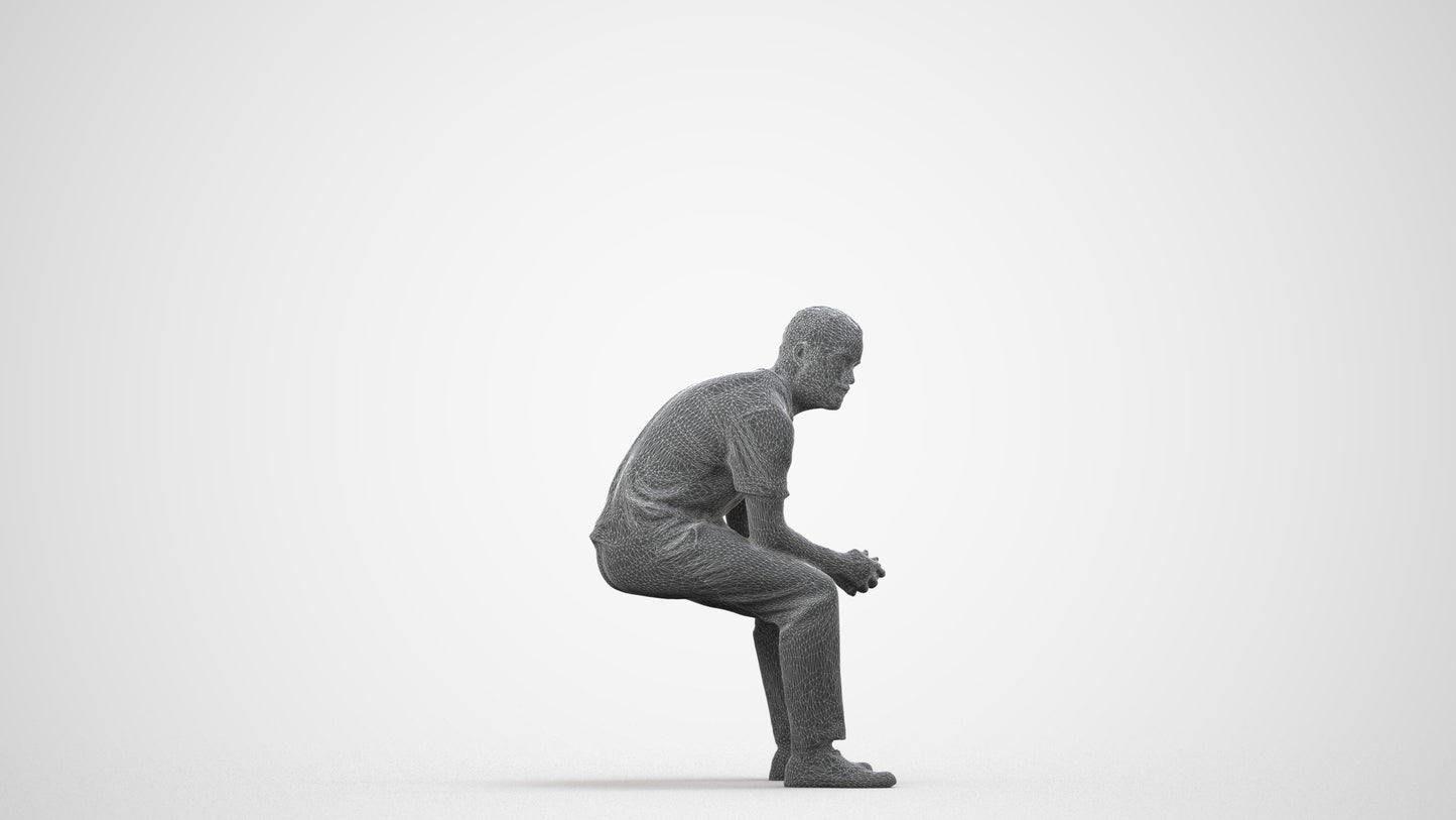 3D people model man casual sitting, scanned human for 3ds Max rendering, wireframe side view