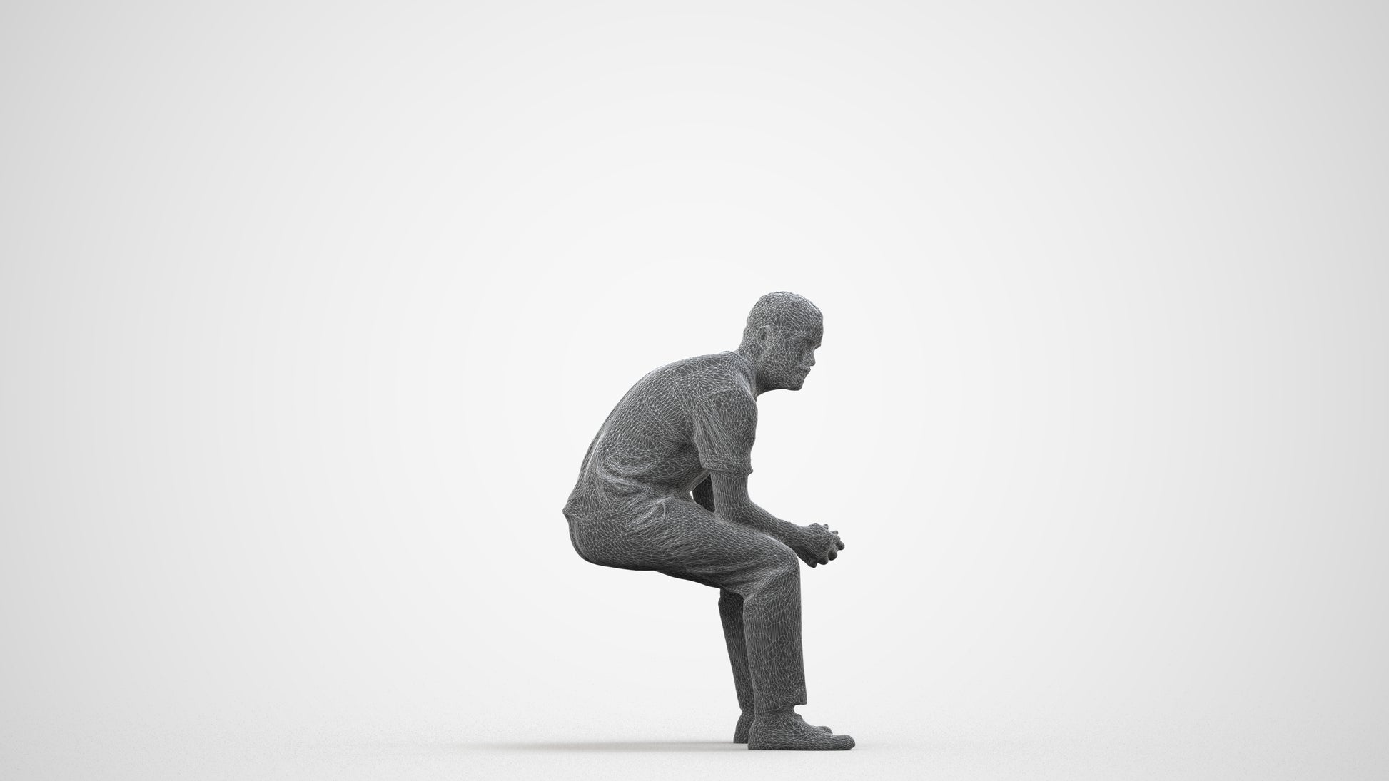 3D people model man casual sitting, scanned human for 3ds Max rendering, wireframe side view