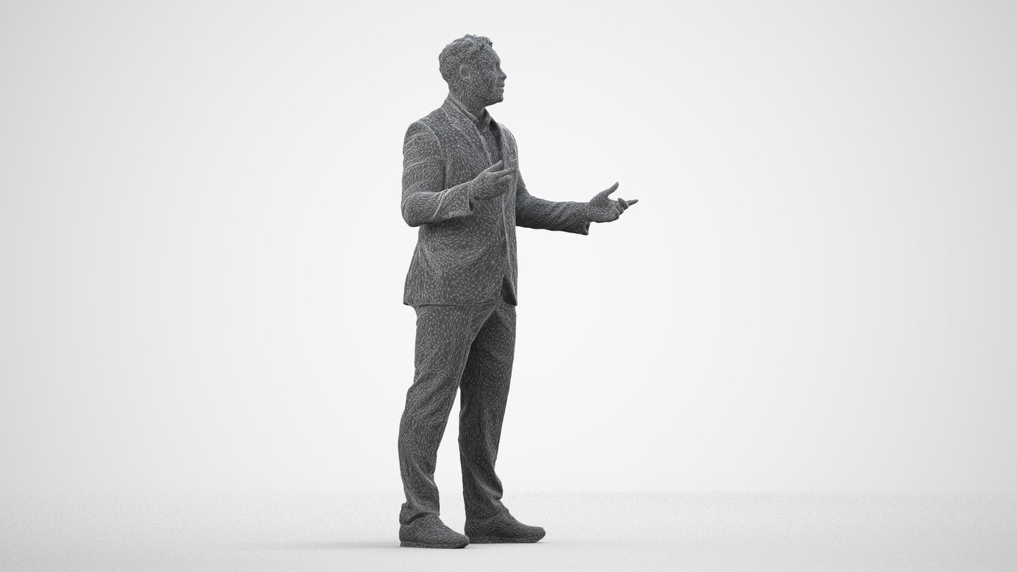 3D human model man business, photogrammetry scanned person for archviz, wireframe side view