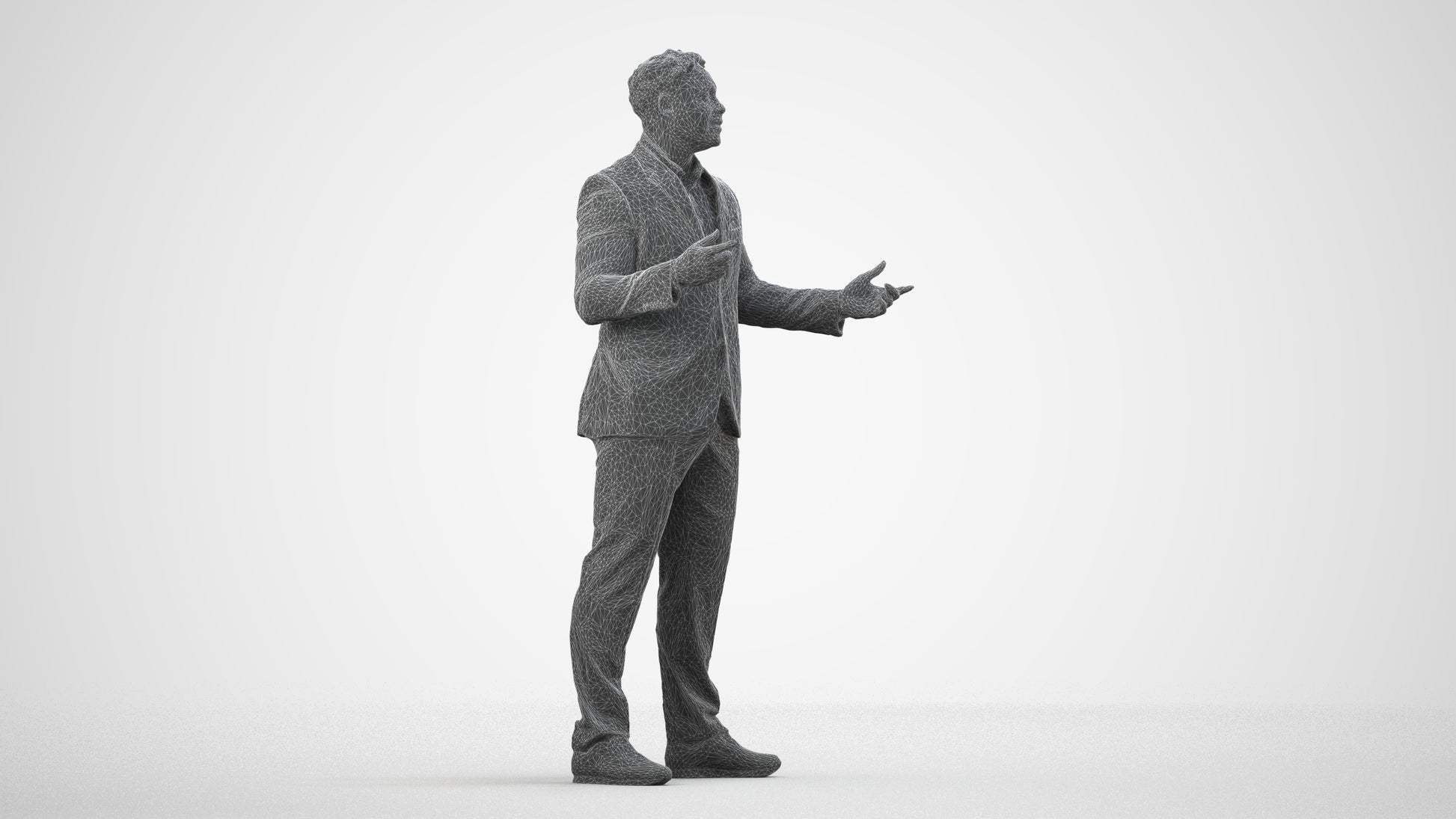 3D human model man business, photogrammetry scanned person for archviz, wireframe side view