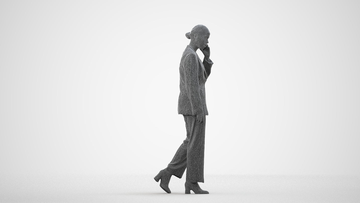 3D scanned woman walking business, photorealistic archviz people for Enscape and SketchUp, wireframe side view