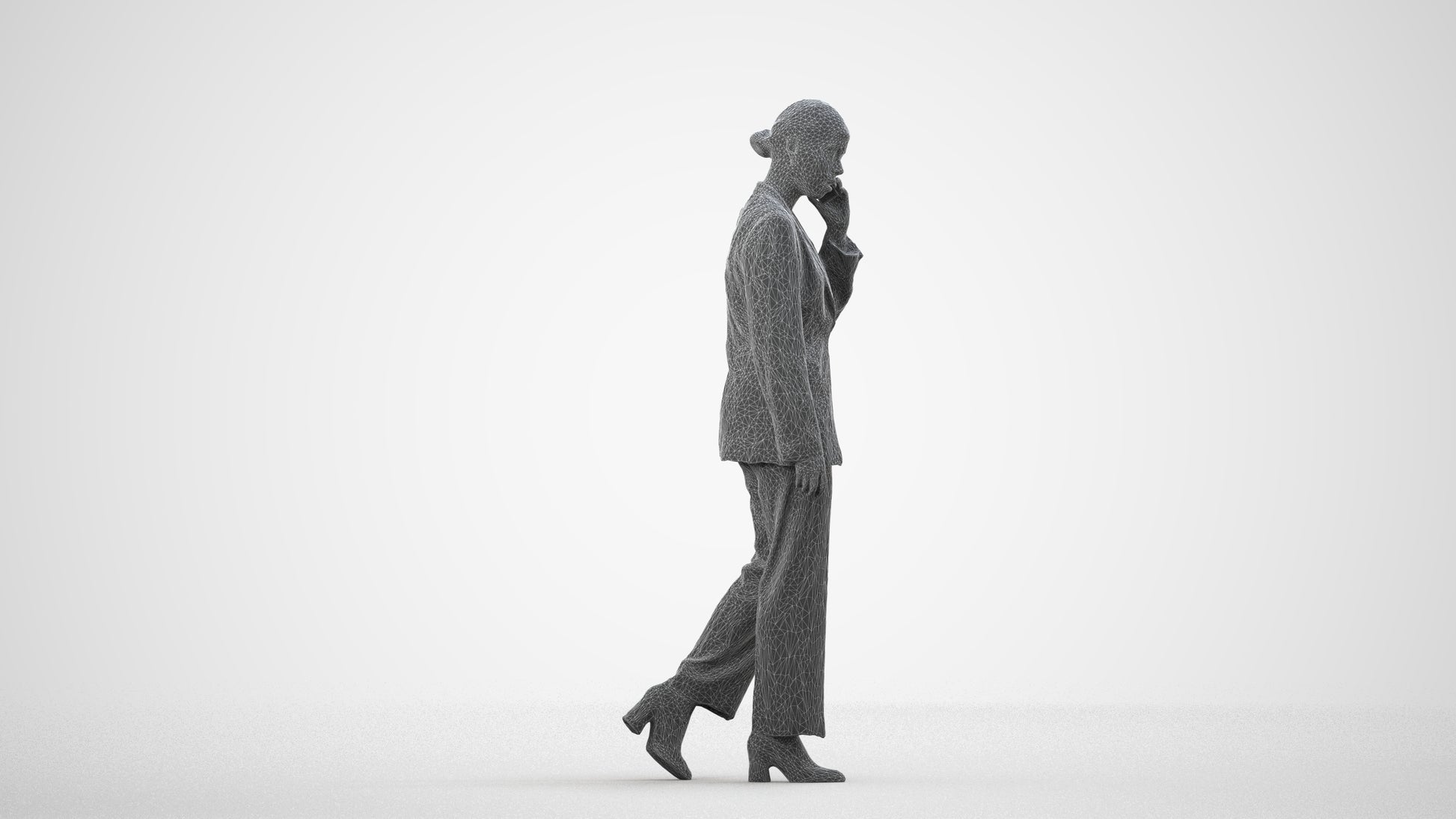 3D scanned woman walking business, photorealistic archviz people for Enscape and SketchUp, wireframe side view