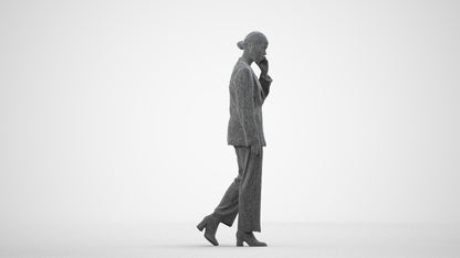 3D scanned woman walking business, photorealistic archviz people for Enscape and SketchUp, wireframe side view