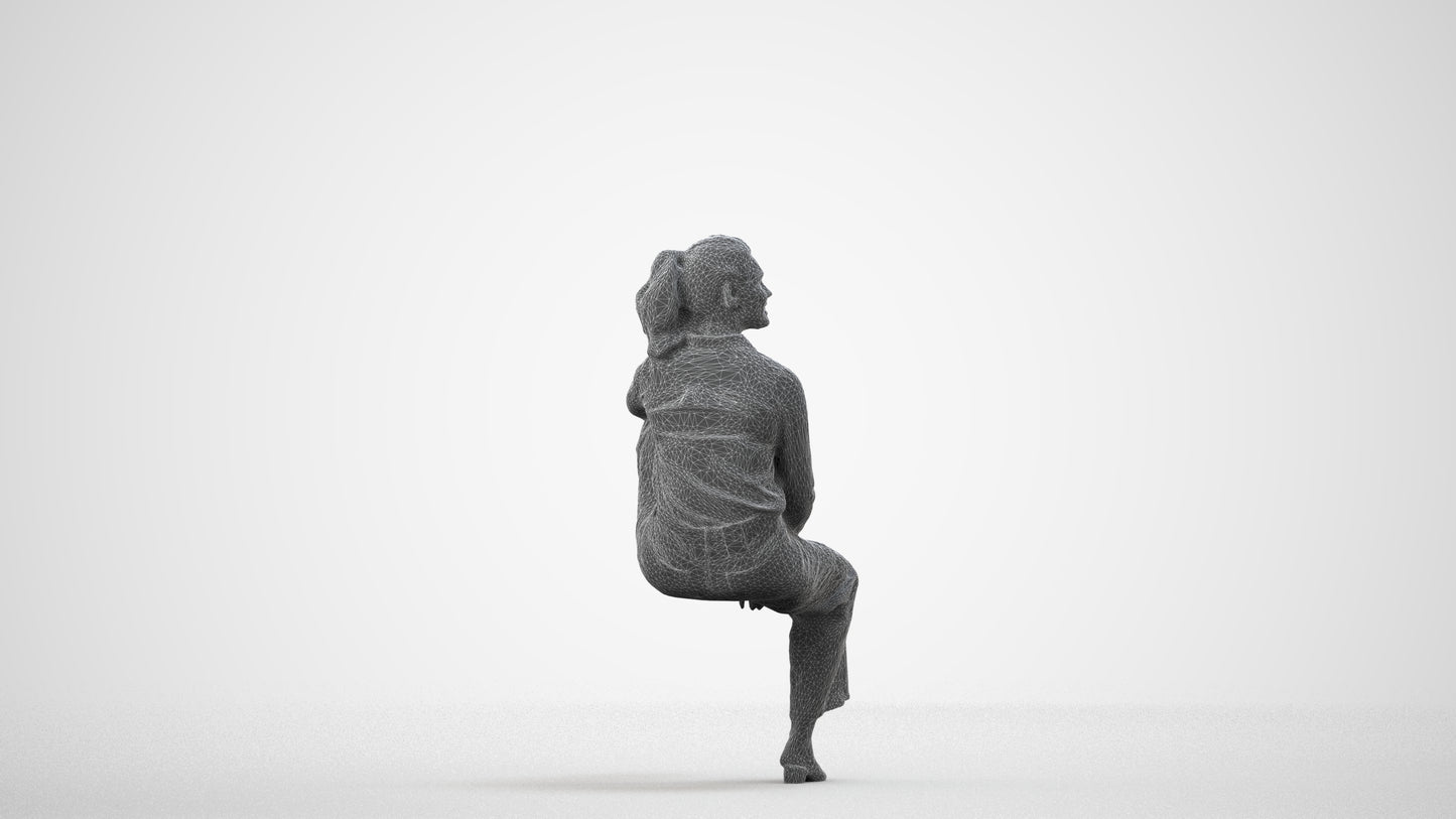 scanned 3D woman casual sitting, photogrammetry people for Enscape and V-Ray, wireframe side view