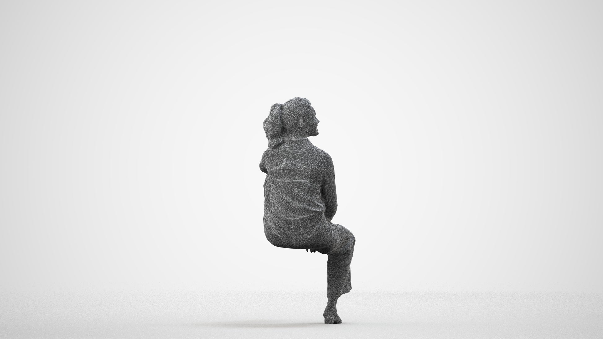 scanned 3D woman casual sitting, photogrammetry people for Enscape and V-Ray, wireframe side view