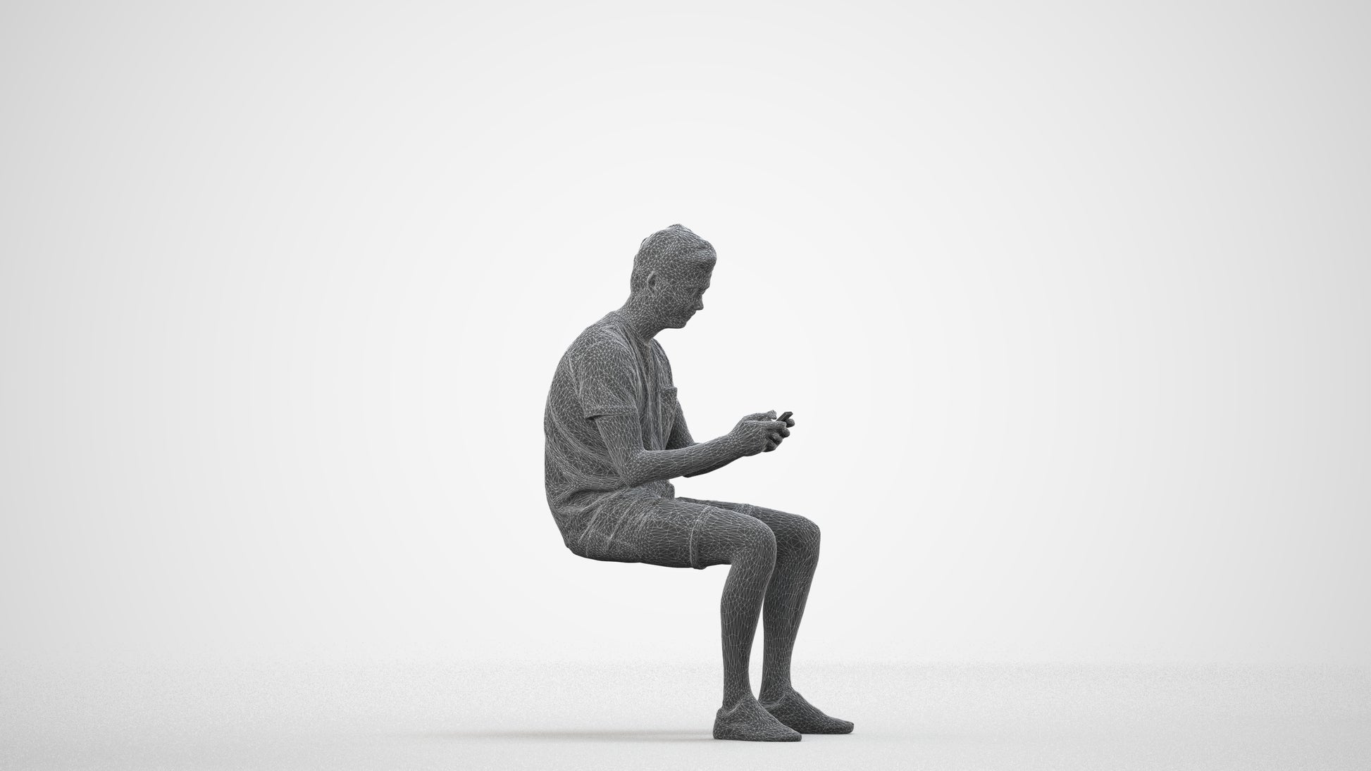 3D scanned man sitting casual, photorealistic archviz people for Enscape and SketchUp, wireframe side view