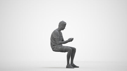 3D scanned man sitting casual, photorealistic archviz people for Enscape and SketchUp, wireframe side view