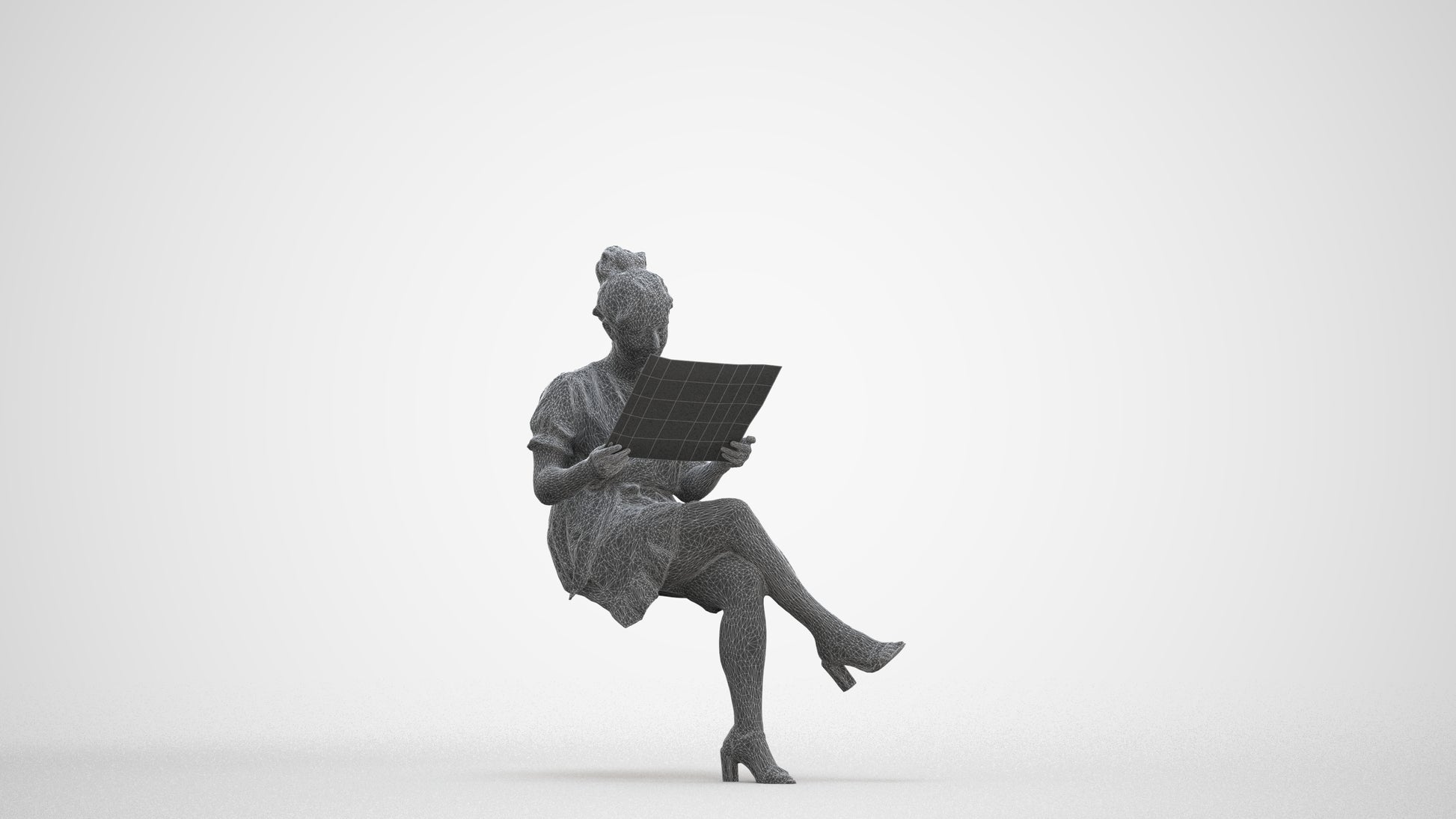 photogrammetry 3D woman casual sitting, realistic human model archviz FBX, three-quarter front view render