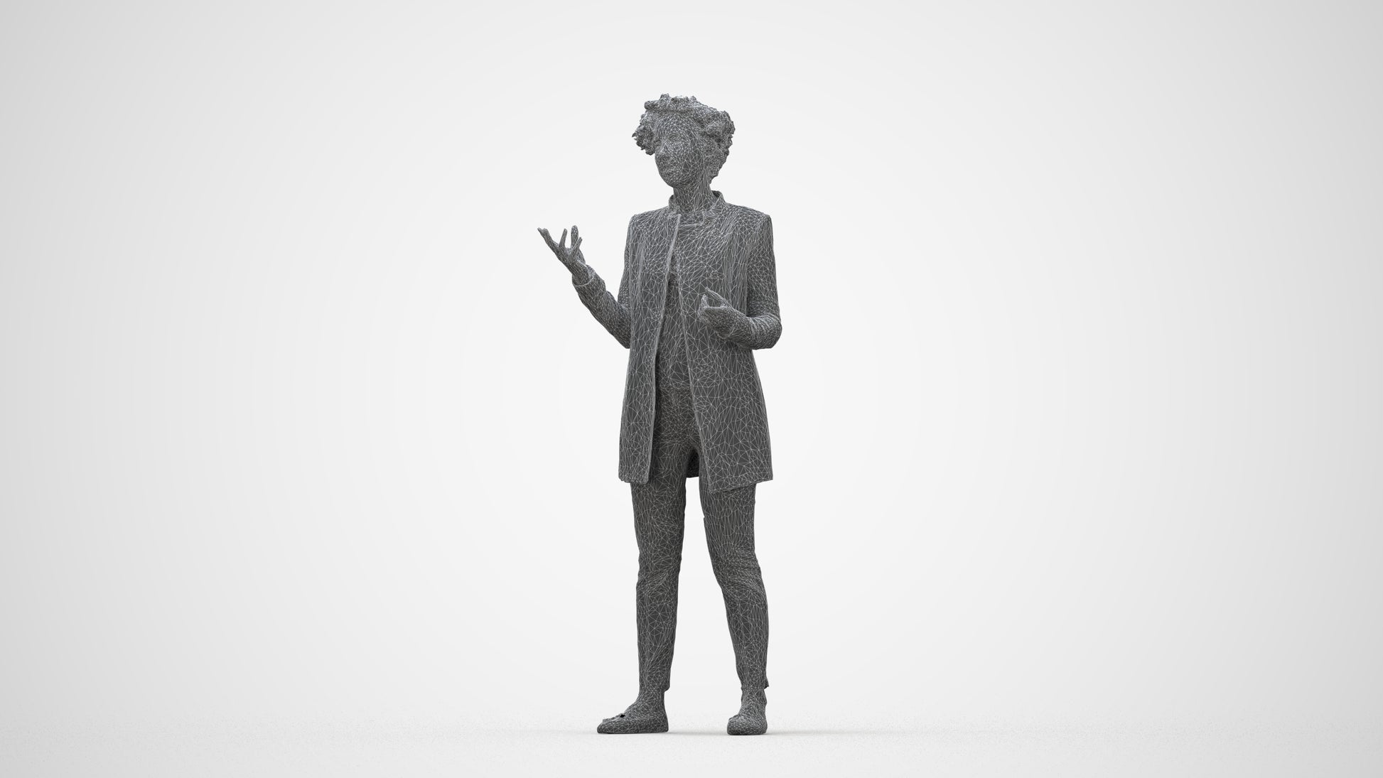 realistic 3D woman business standing, scanned archviz people for Blender and 3ds Max, wireframe back view