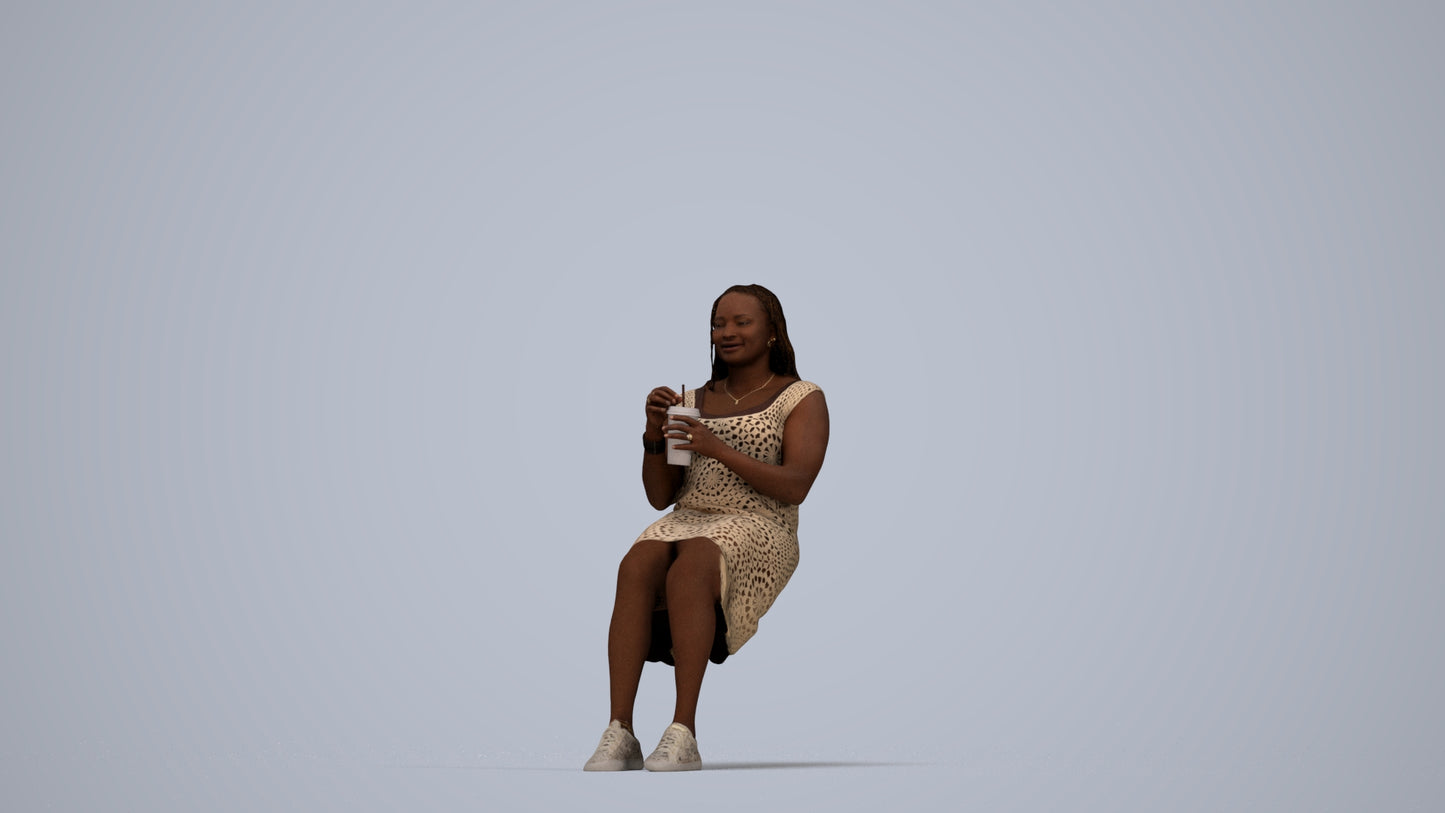 realistic 3D woman casual sitting, scanned archviz people for Blender and 3ds Max, top-down view render