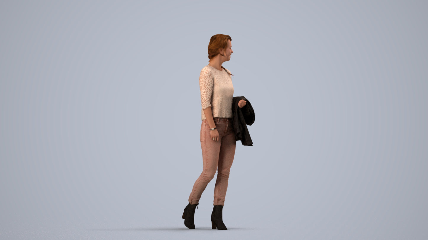 3D people model woman casual walking, scanned human for 3ds Max rendering, side view render