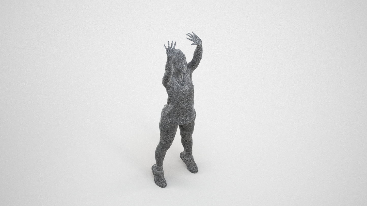 realistic 3D human girl sport, archviz people FBX OBJ for Blender, wireframe three-quarter view