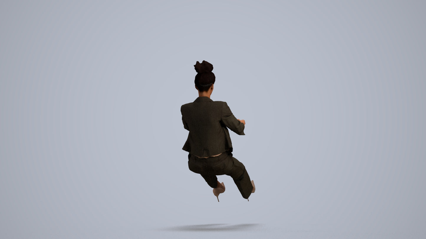 3D human model woman business driving, photogrammetry scanned person for archviz, front view render