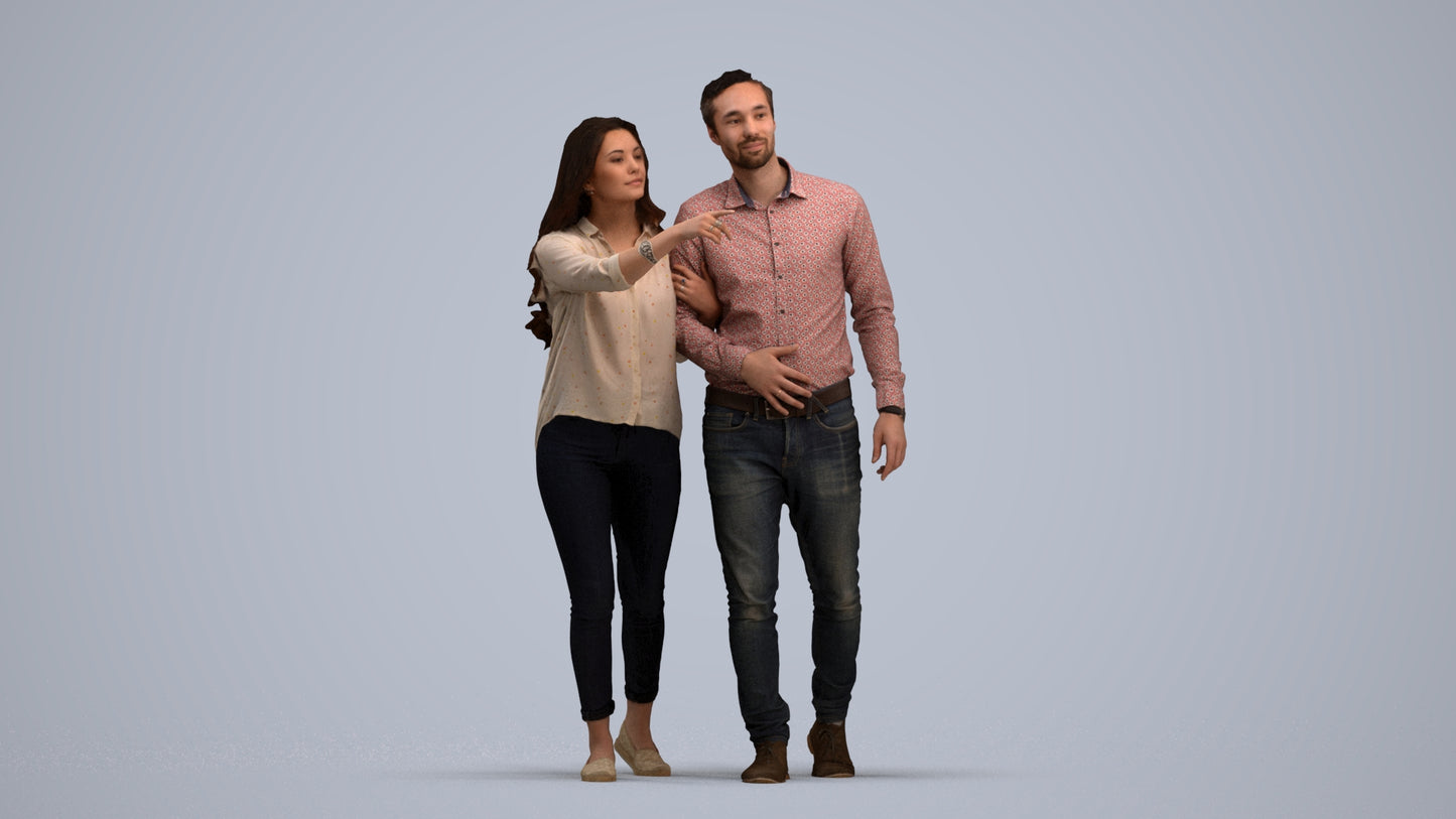 realistic 3D woman casual couple, scanned archviz people for Blender and 3ds Max, standing pose render