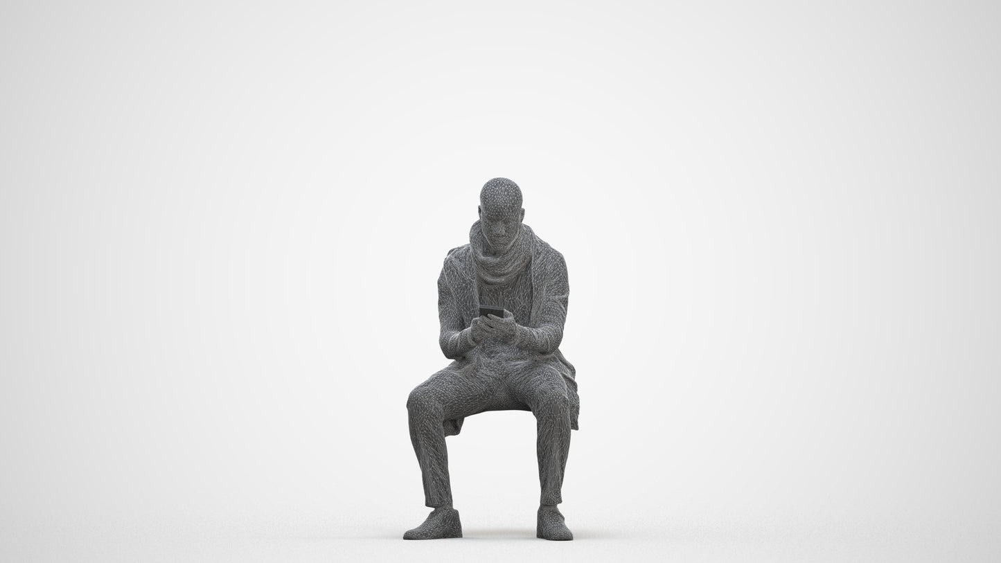 realistic 3D man casual sitting, scanned archviz people for Blender and 3ds Max, three-quarter front view render