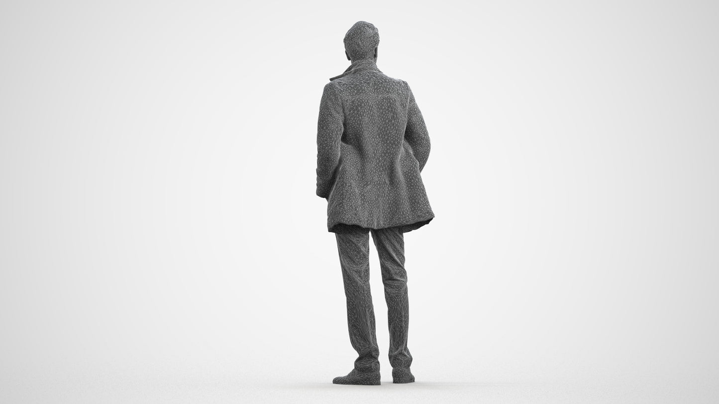 3D scanned man standing casual, photorealistic archviz people for Enscape and SketchUp, wireframe front view
