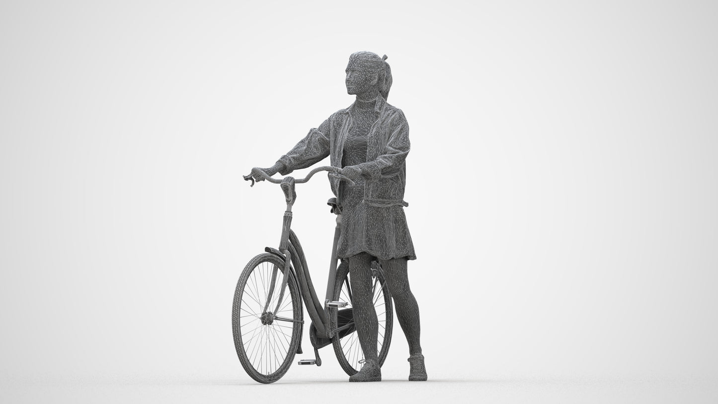 scanned 3D woman casual cycling, photogrammetry people for Enscape and V-Ray, wireframe back view