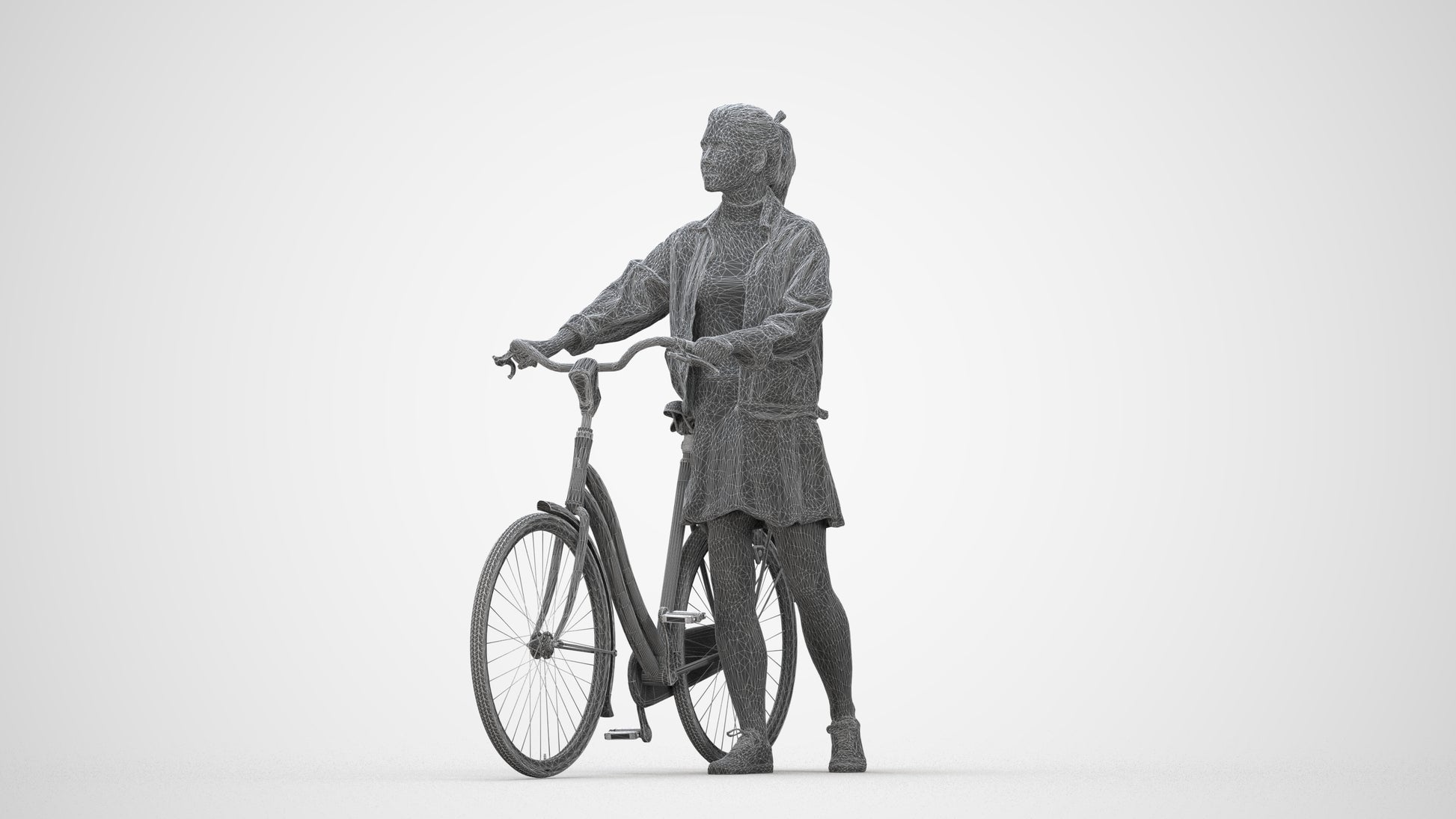 scanned 3D woman casual cycling, photogrammetry people for Enscape and V-Ray, wireframe back view