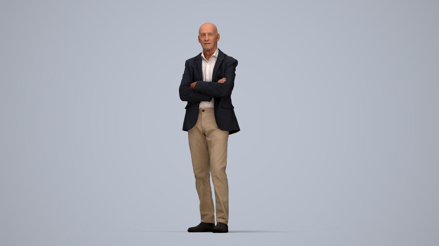 3D human model senior man business, photogrammetry scanned person for archviz, top-down view render
