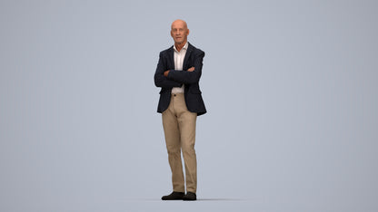 3D human model senior man business, photogrammetry scanned person for archviz, top-down view render