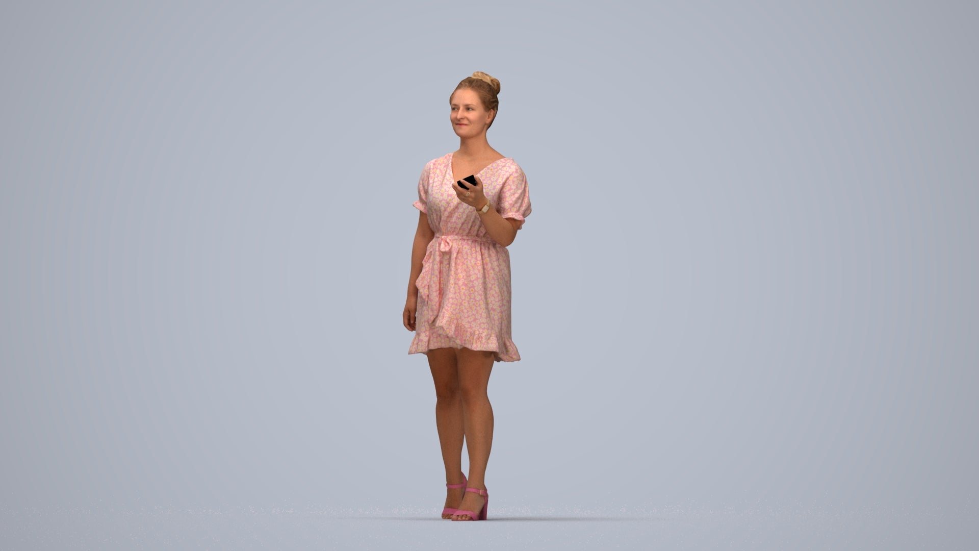 3D people model woman casual walking, scanned human for 3ds Max rendering, top-down view render