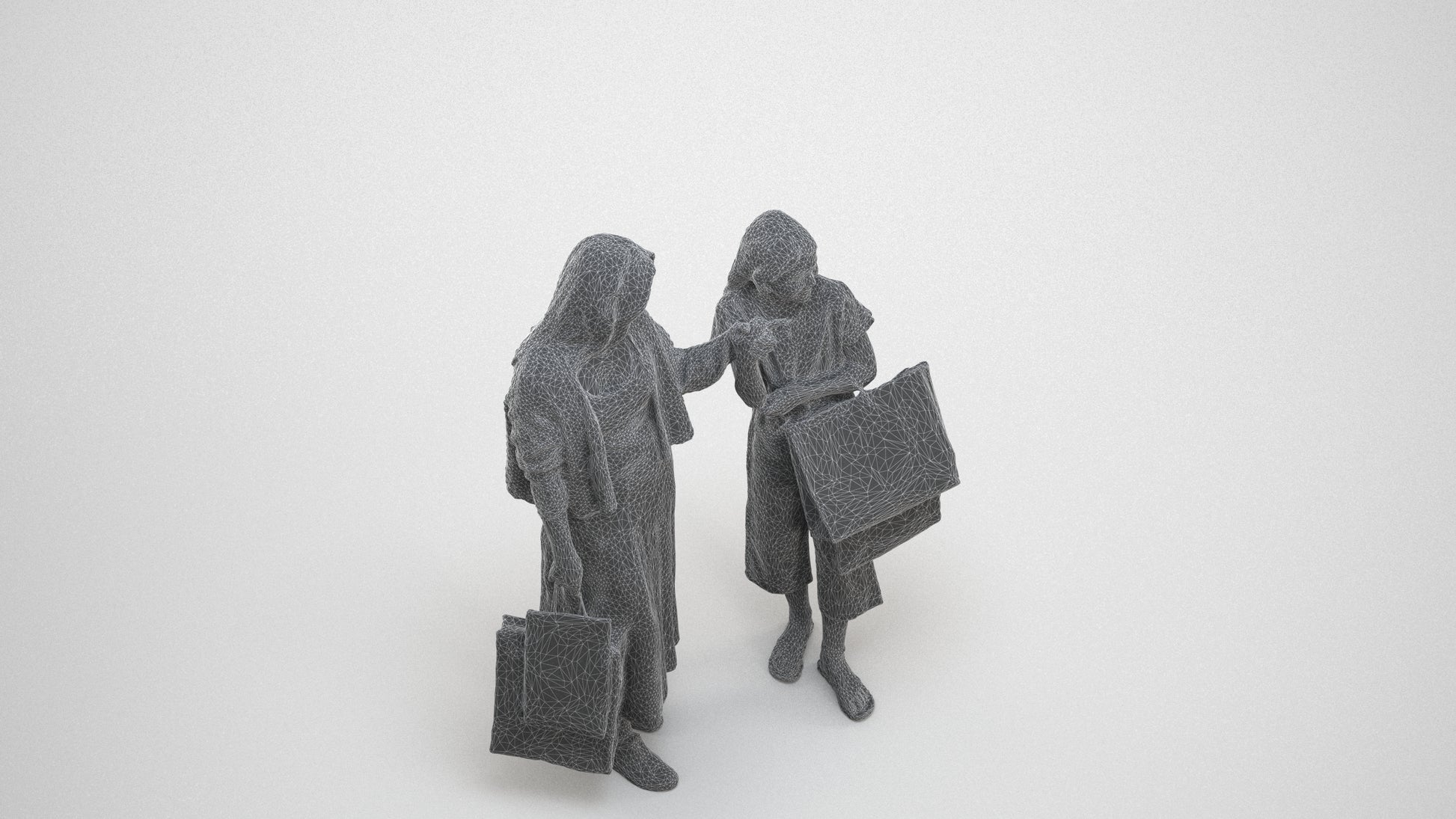 3D human model girl casual shopping, photogrammetry scanned person for archviz, wireframe three-quarter view