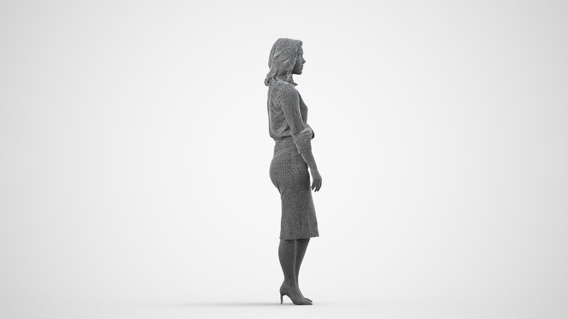 realistic 3D human woman business standing, archviz people FBX OBJ for Blender, wireframe side view