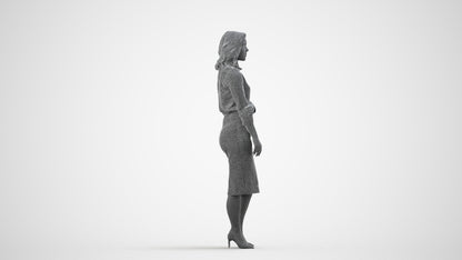 realistic 3D human woman business standing, archviz people FBX OBJ for Blender, wireframe side view