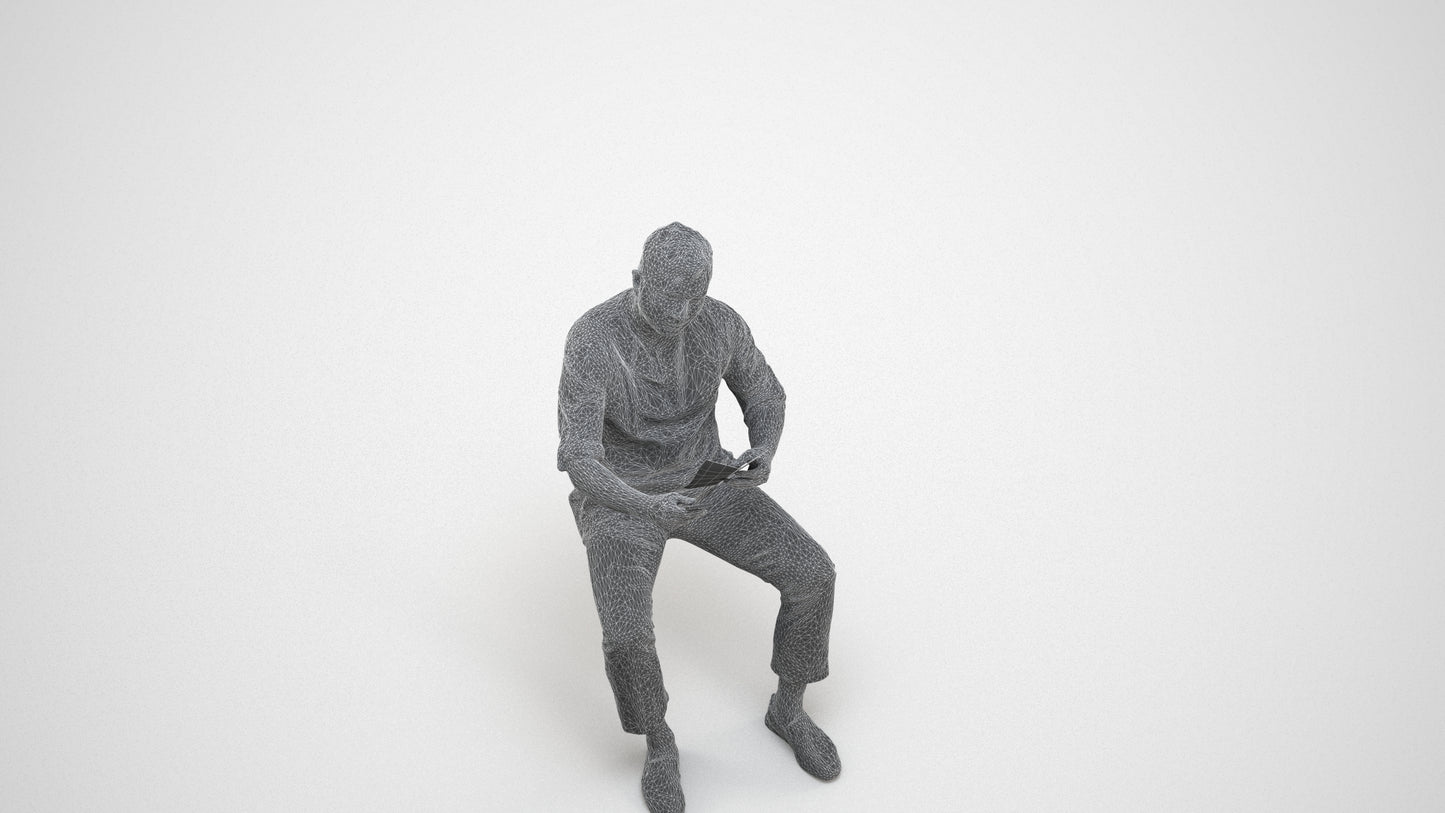 photogrammetry 3D man casual sitting, realistic human model archviz FBX, wireframe three-quarter view