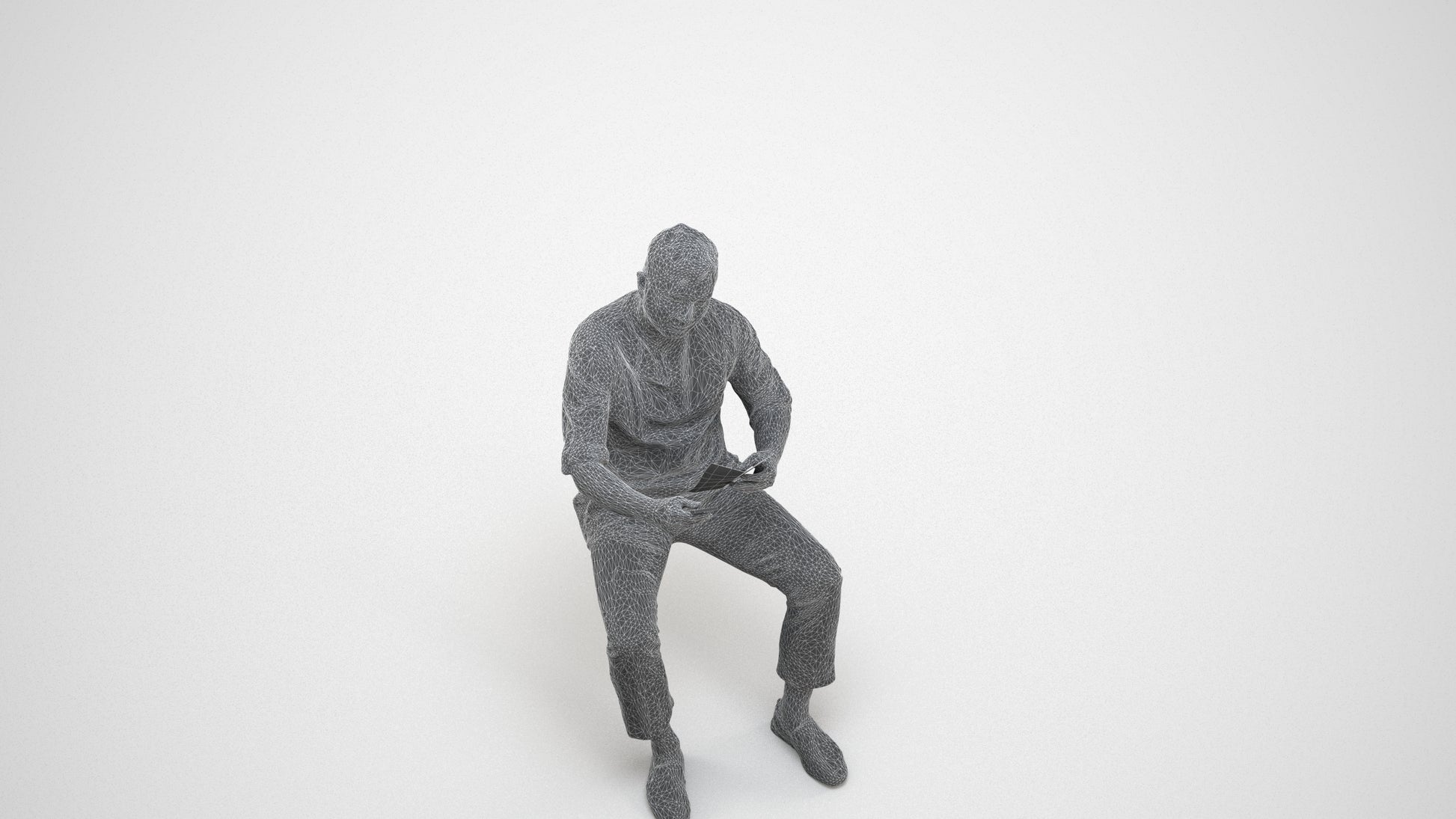 photogrammetry 3D man casual sitting, realistic human model archviz FBX, wireframe three-quarter view