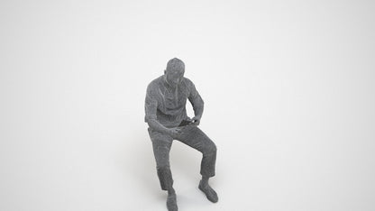 photogrammetry 3D man casual sitting, realistic human model archviz FBX, wireframe three-quarter view