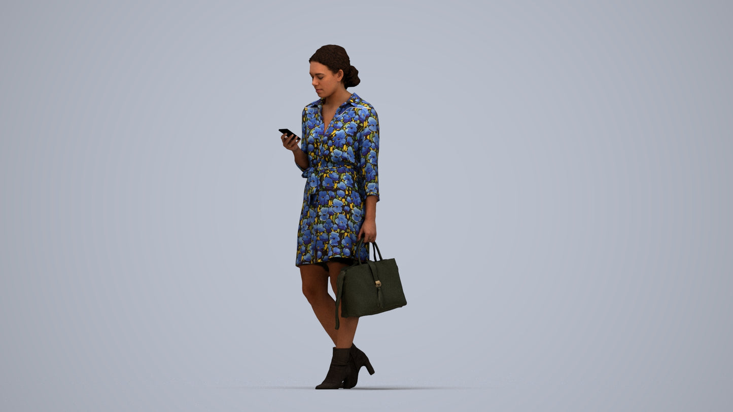 realistic 3D woman casual walking, scanned archviz people for Blender and 3ds Max, top-down view render