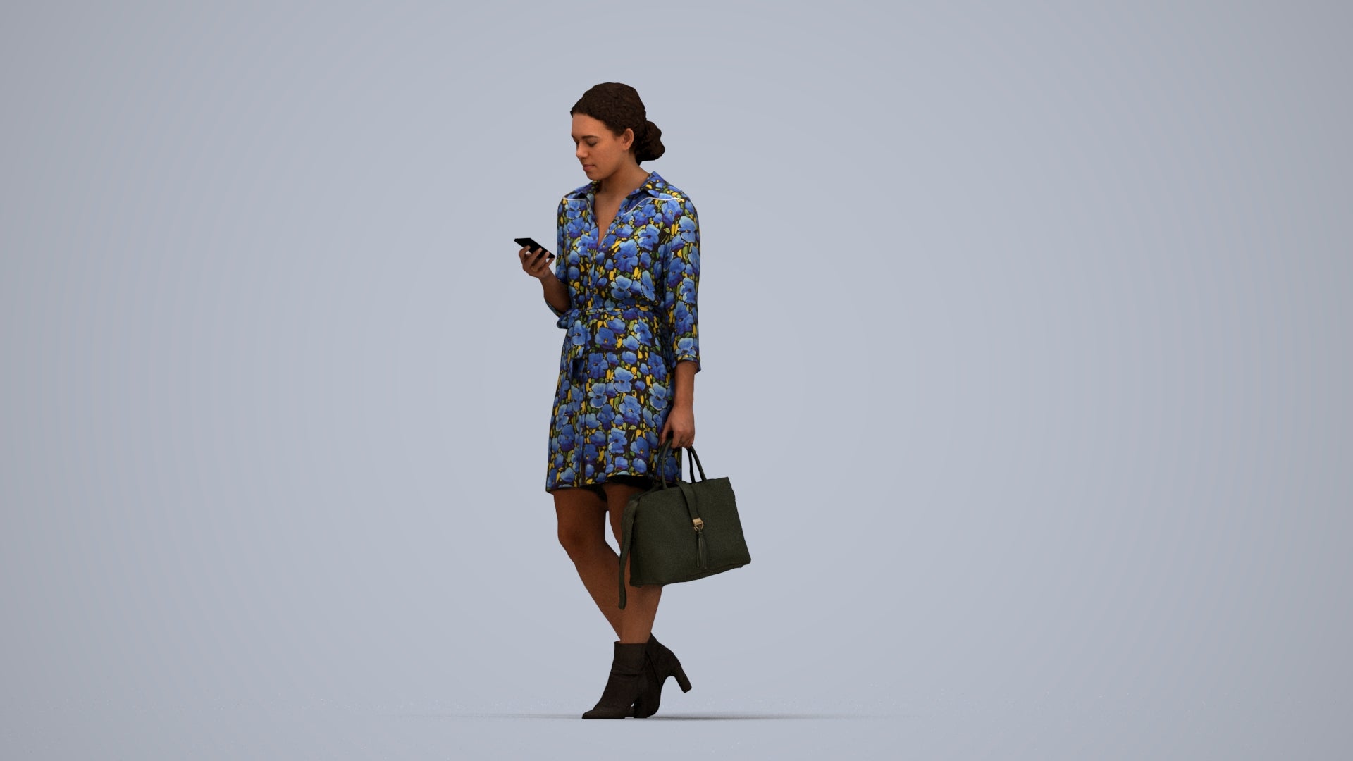 realistic 3D woman casual walking, scanned archviz people for Blender and 3ds Max, top-down view render