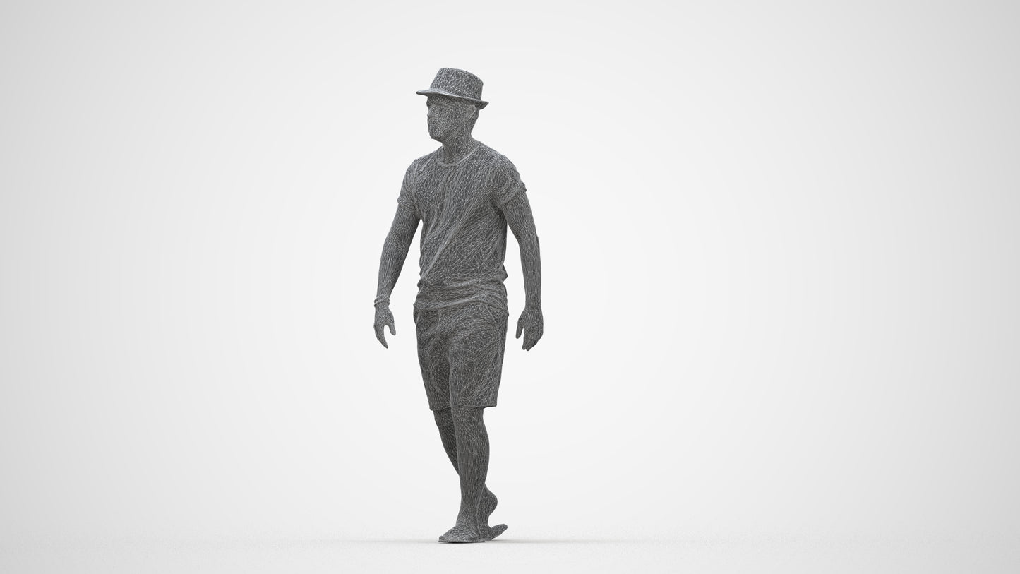 3D people model man casual walking, scanned human for 3ds Max rendering, wireframe back view