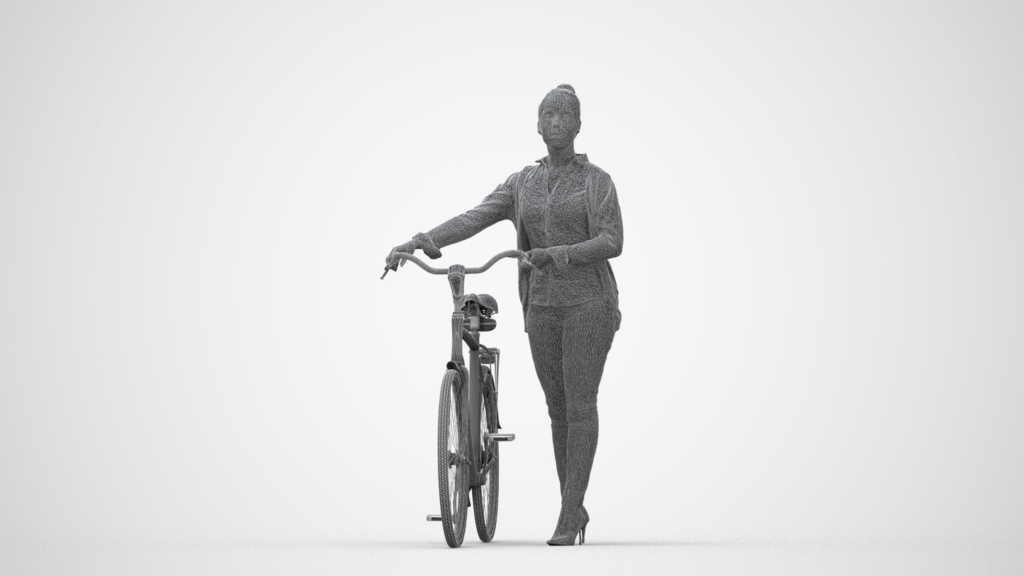 3D people model woman business cycling, scanned human for 3ds Max rendering, wireframe back view