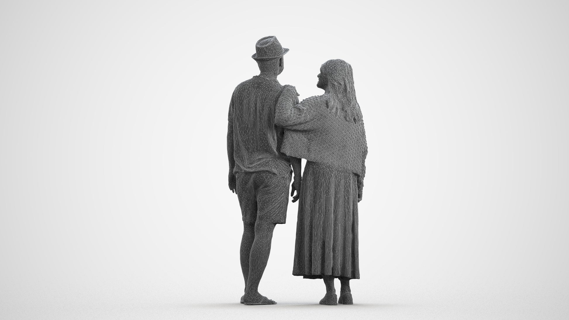 3D human model woman standing, photogrammetry scanned person for archviz, wireframe front view