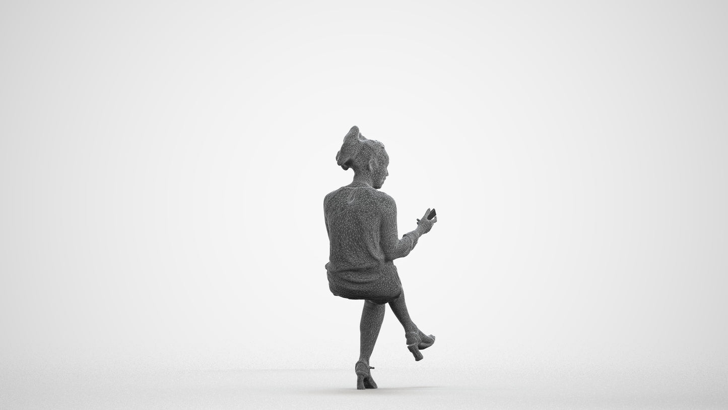 3D scanned woman sitting casual, photorealistic archviz people for Enscape and SketchUp, wireframe front view