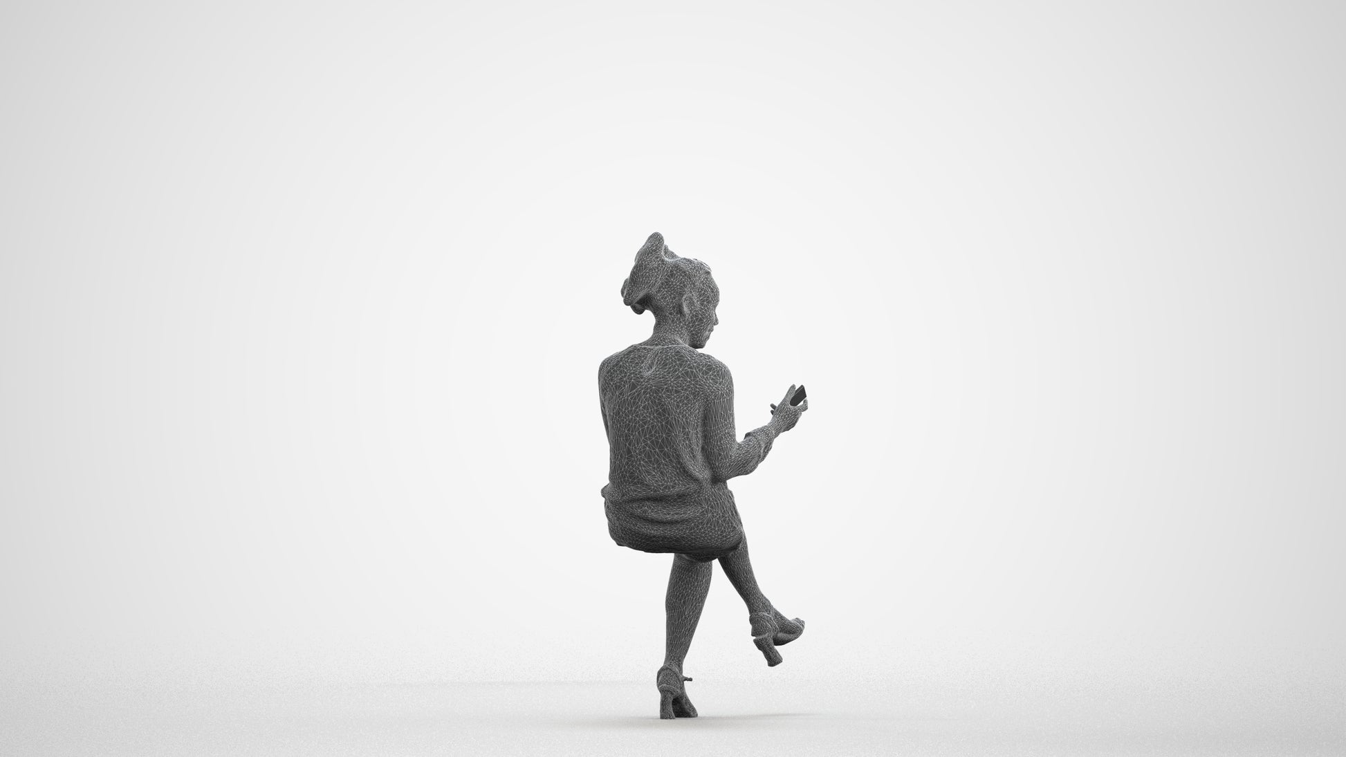 3D scanned woman sitting casual, photorealistic archviz people for Enscape and SketchUp, wireframe front view