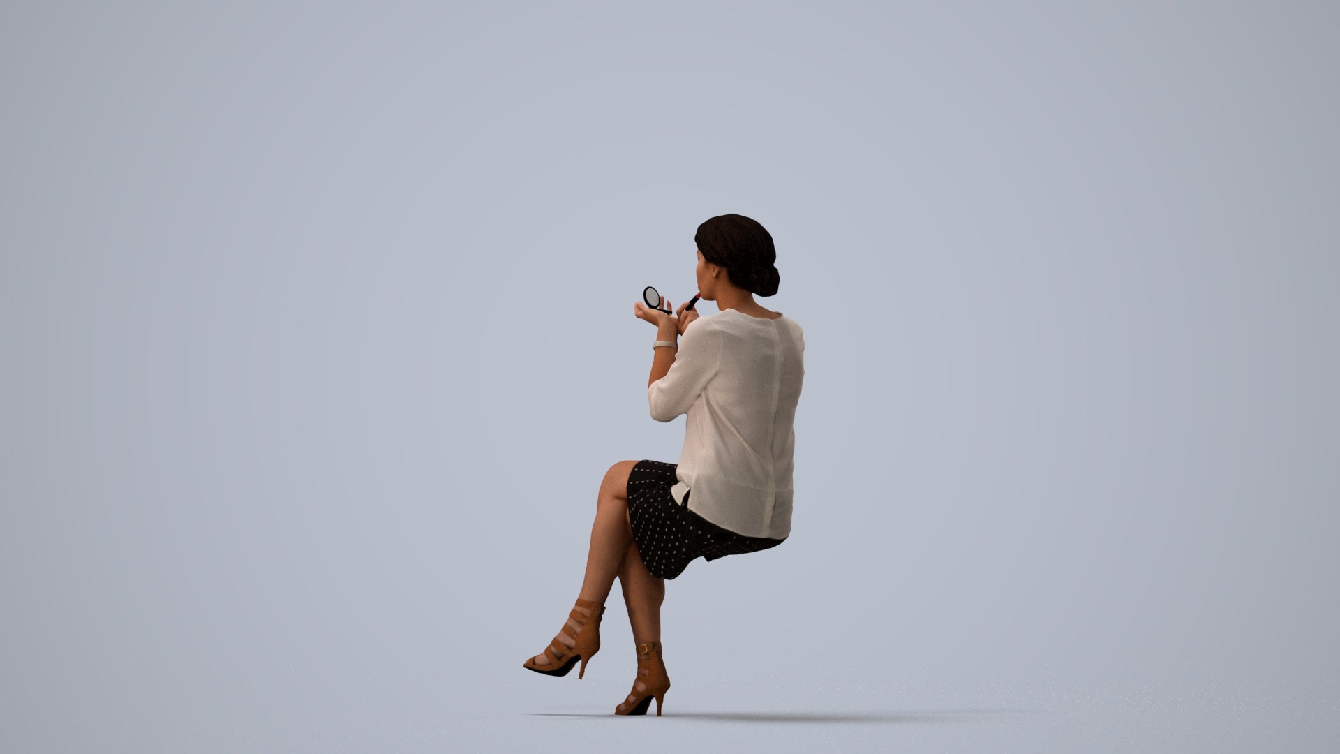 3D people model woman casual sitting, scanned human for 3ds Max rendering, three-quarter view render